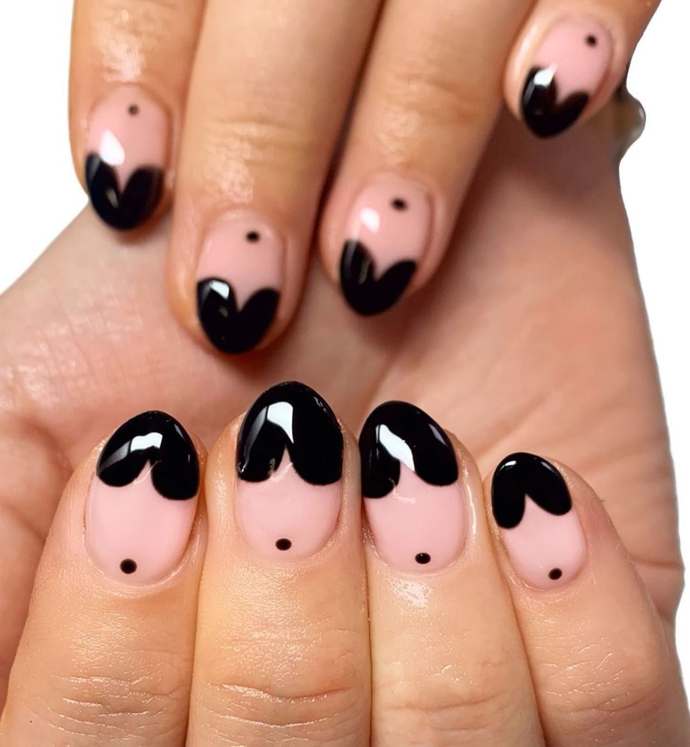 Short black nails with heart-shaped tips