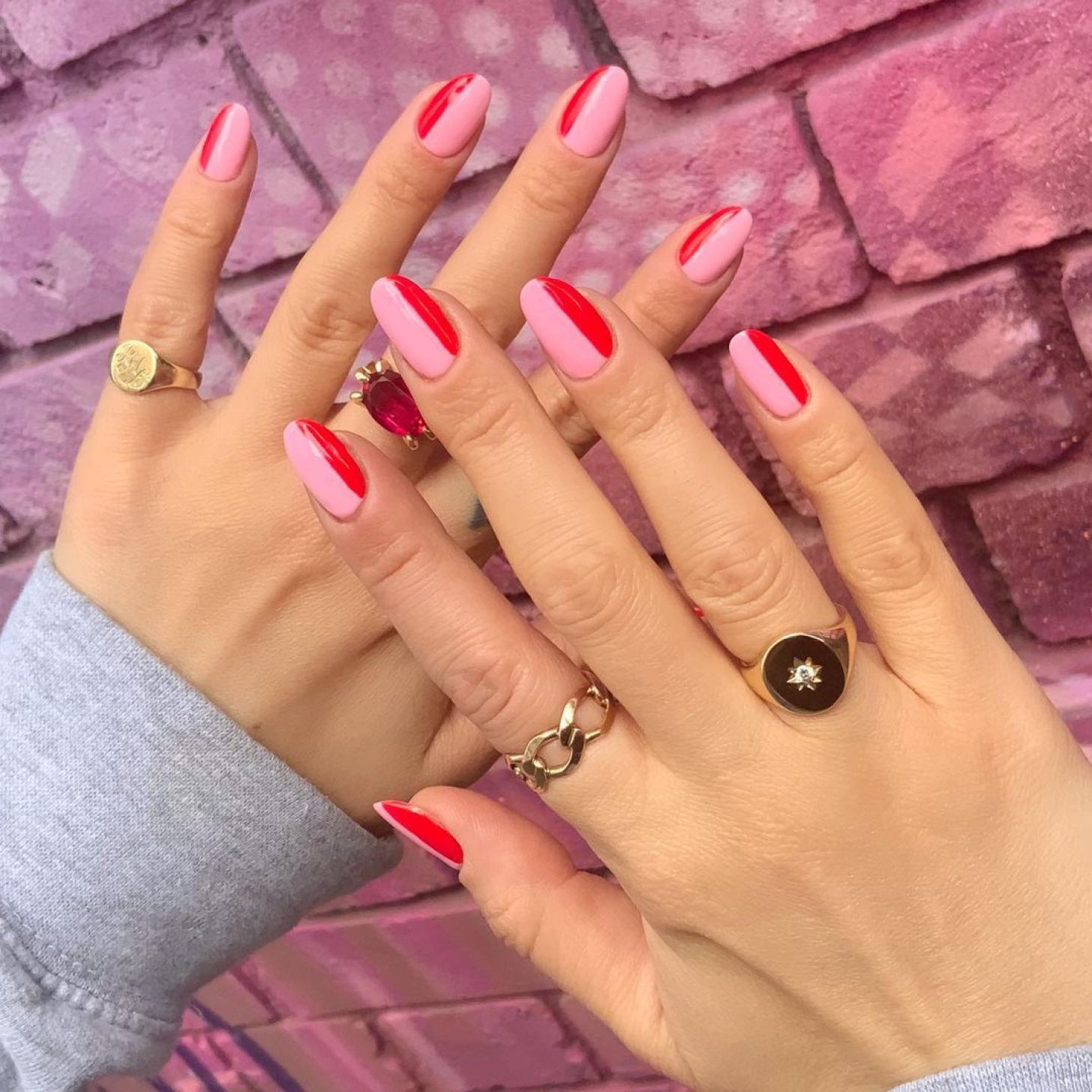 simple Valentine's Day nails with cute pink and red color-blocked designs