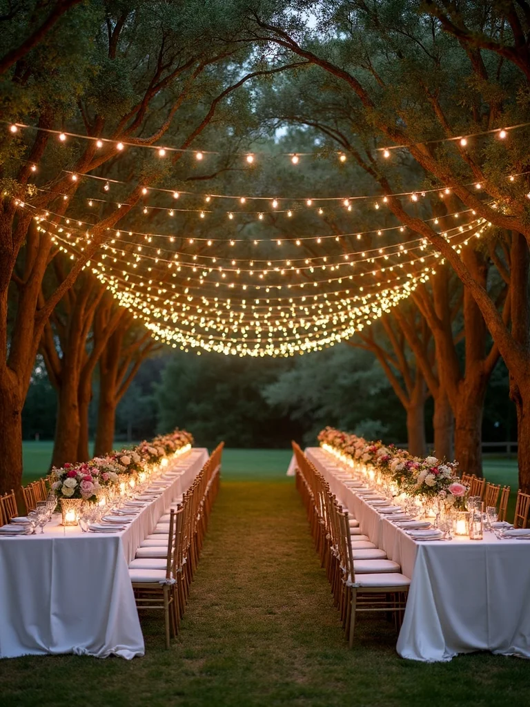 backyard wedding decor with lights
