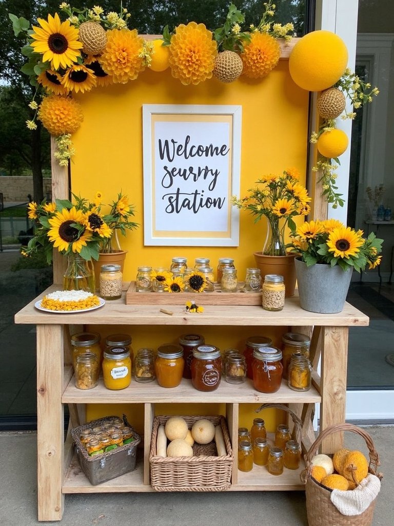 bee themed welcome station setup