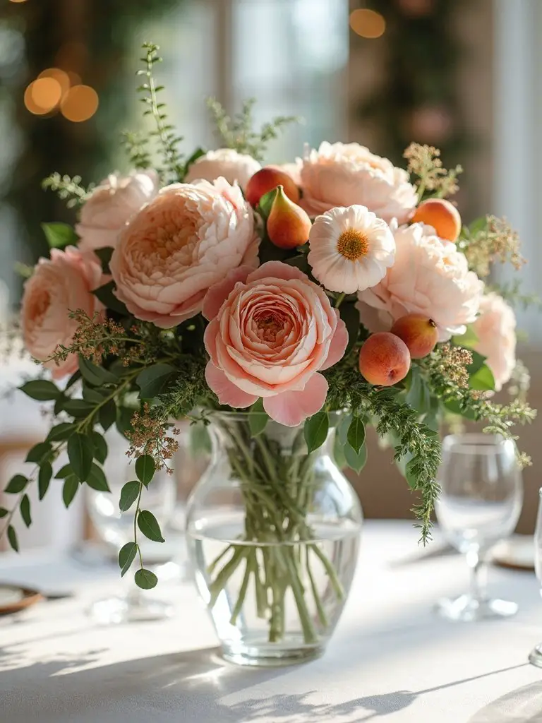 bright floral fruit filled wedding centerpieces