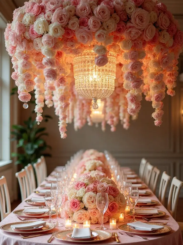 dramatic floral overhead chandelier ceiling installations