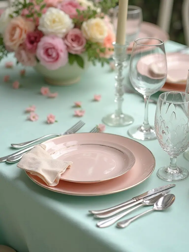 elegant pastel wedding tableware display