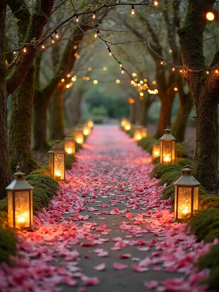 enchanting petal strewn woodland ceremony aisle