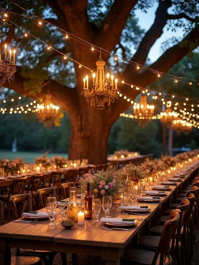 ethereal outdoor chandelier garden oasis