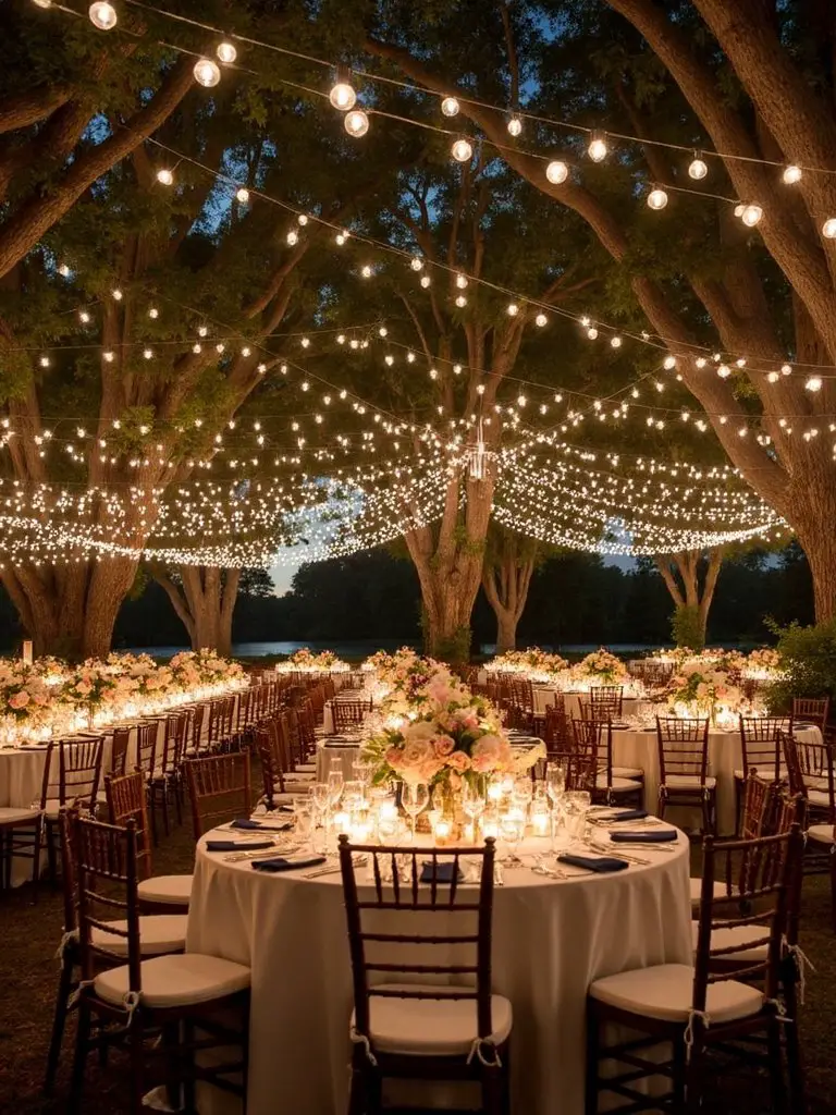 ethereal woodland wedding reception lighting