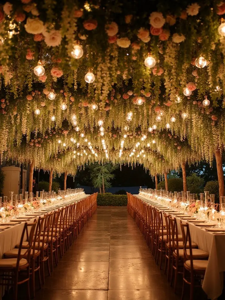 magical floral overhead lighting installations