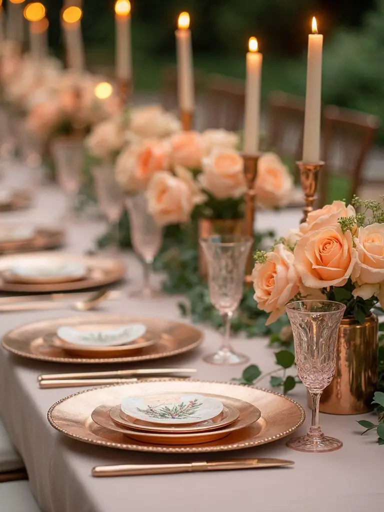 opulent metallic peach wedding tablescape