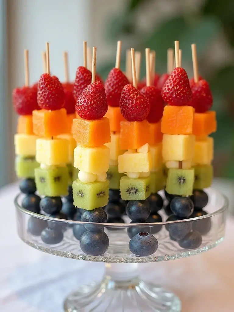 rainbow fruit skewer display