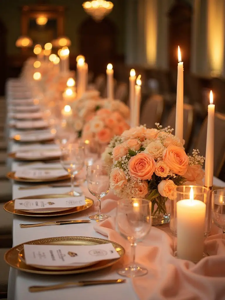 romantic peach themed taper candle arrangements