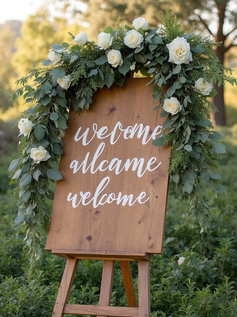 rustic wooden greenery adorned welcome signs