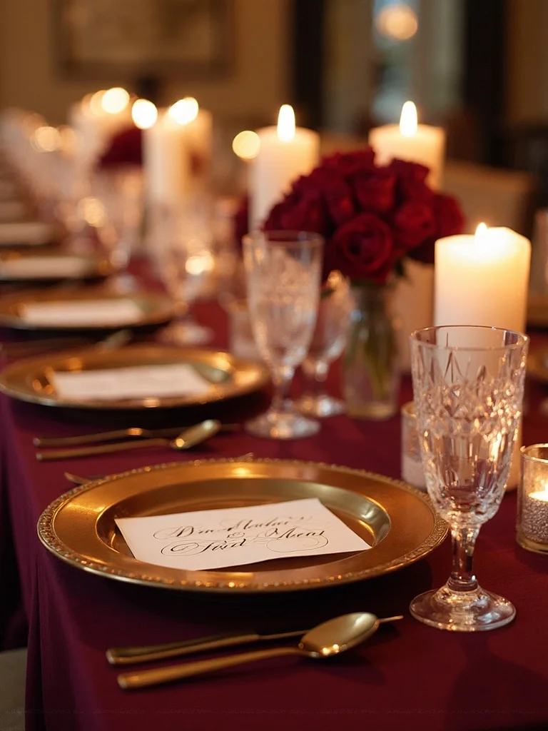 sophisticated burgundy and gold reception decor
