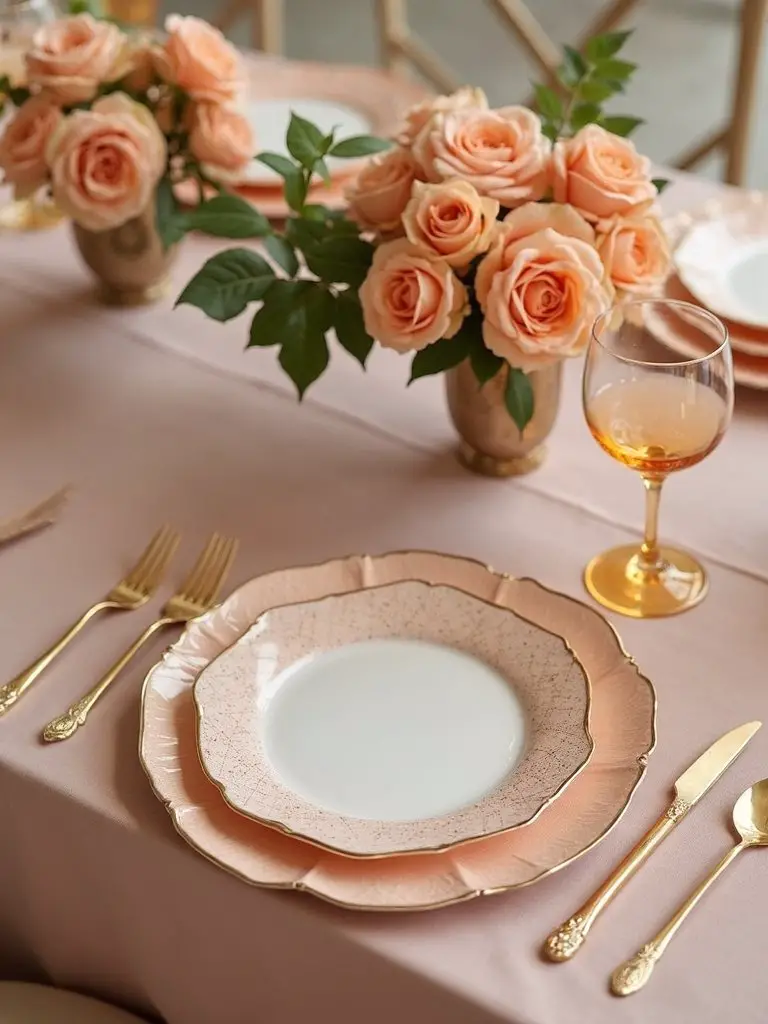 sophisticated layered peach tablescape centerpiece