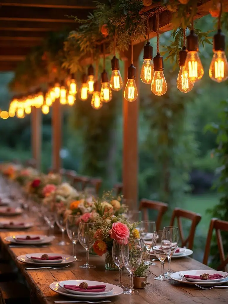 timeless industrial chic backyard wedding lighting