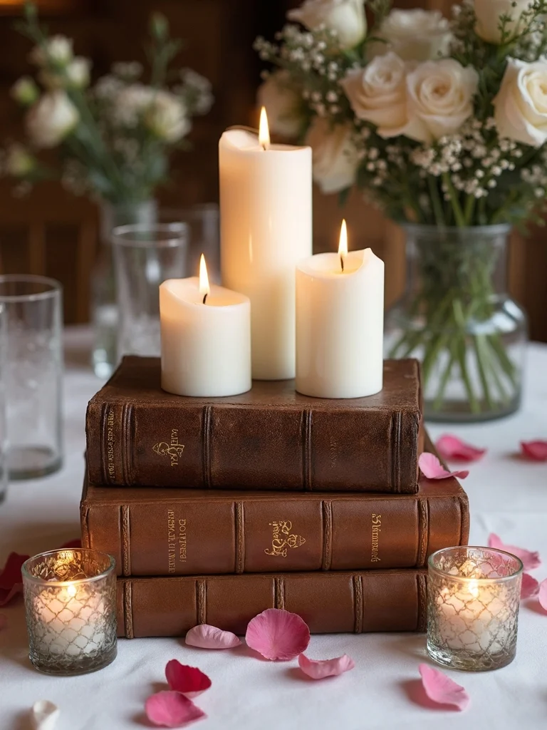 vintage books candles wedding table decor