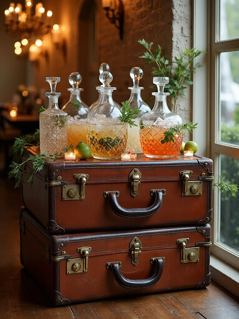 vintage suitcase beverage station