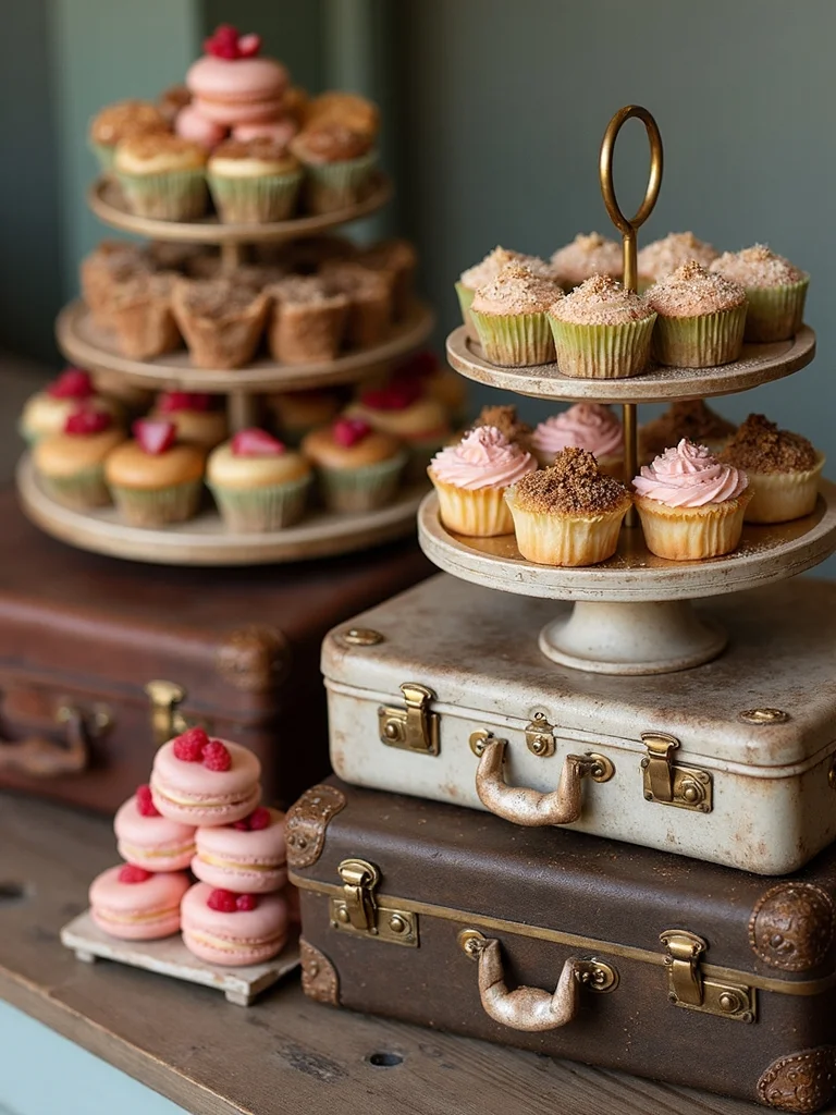 vintage suitcase dessert display elegant