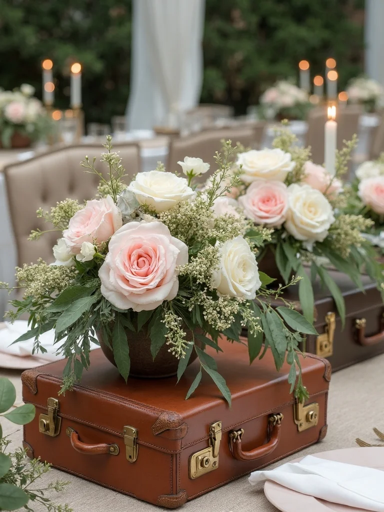 vintage suitcase floral centerpiece arrangement