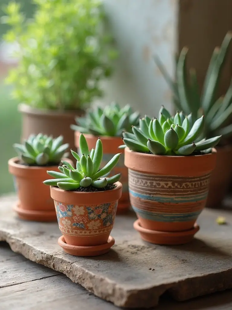 handmade succulent garden in customized pots